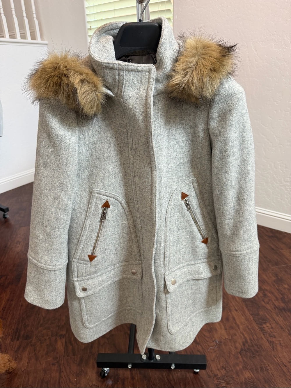 J. Crew Light Gray Wool-Blend Stadium Coat with Faux Fur Trim